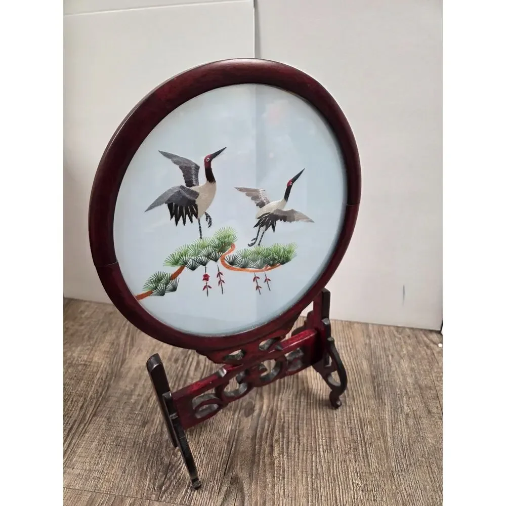Vintage Chinese Suzhan Spun Silk Hand Embroidered Cranes In Double Sided Frame